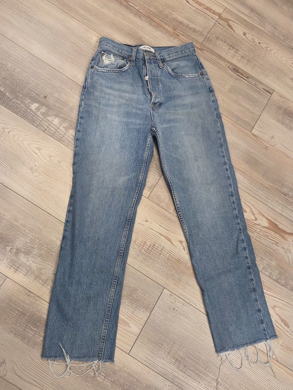 Re/Done Comfort Stretch High Rise Stove Pipe Jeans- In Medium Wash - Picture 10 of 13